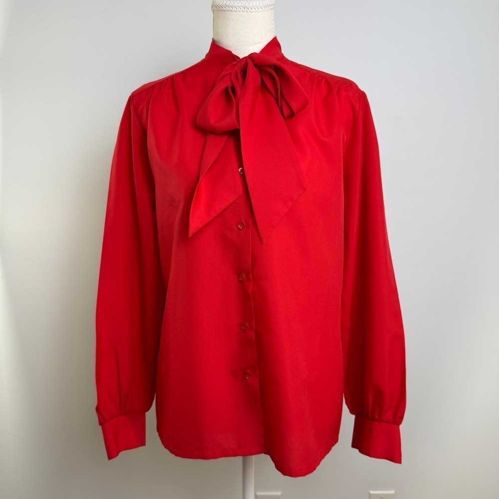 Vintage Judy Bond Pussybow Blouse 14 Red Satin Buttonup Secretary Coquette Retro